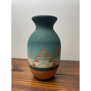 Vintage Sioux Native American Pottery Vase Signed High Elk Etched Ombré Green